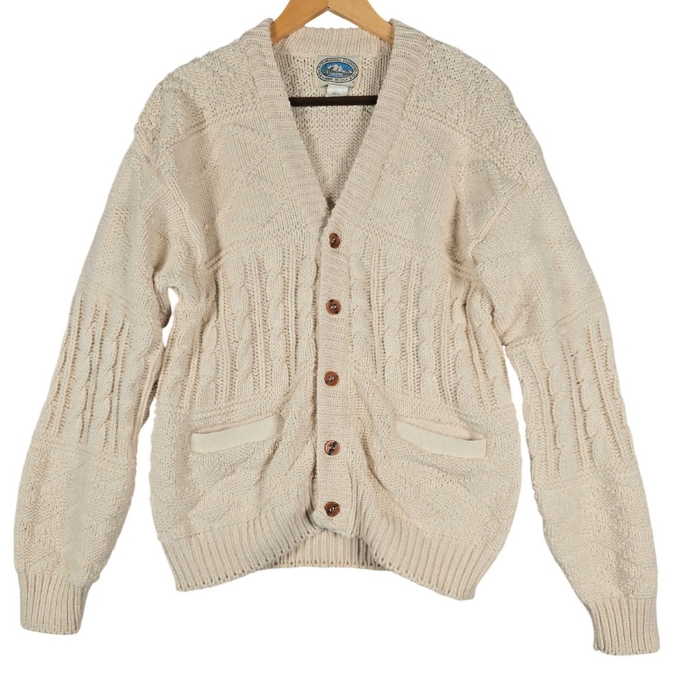 VTG Environmental Clothing Co Cardigan Sweater Mens Medium Cream Cable Knit USA